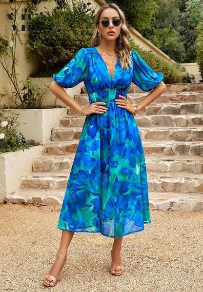 Robe Midi Bohème Femme – Imprimé Abstrait & Col V Élégant