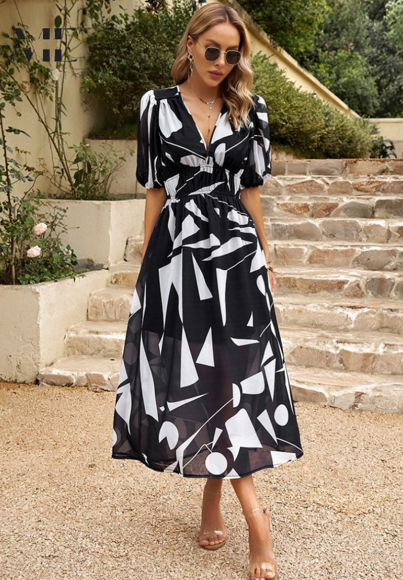 Robe Midi Bohème Femme – Imprimé Abstrait & Col V Élégant