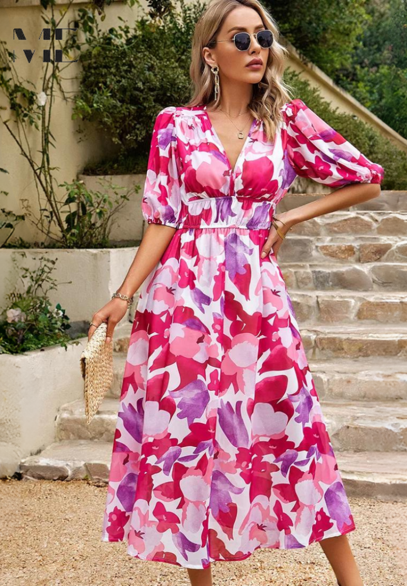 Robe Midi Bohème Femme – Imprimé Abstrait & Col V Élégant