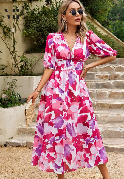 Robe Midi Bohème Femme – Imprimé Abstrait & Col V Élégant