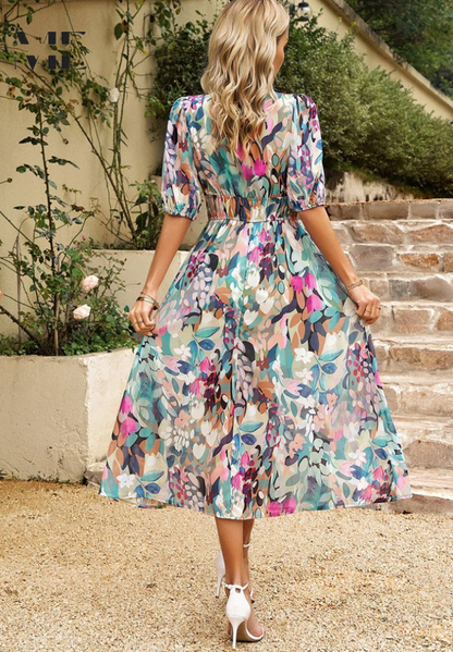 Robe Midi Bohème Femme – Imprimé Abstrait & Col V Élégant