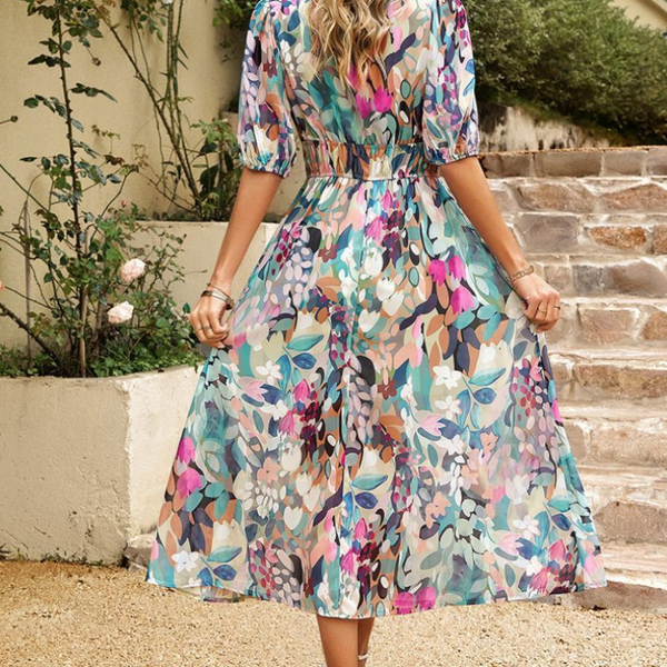 Robe Midi Bohème Femme – Imprimé Abstrait & Col V Élégant