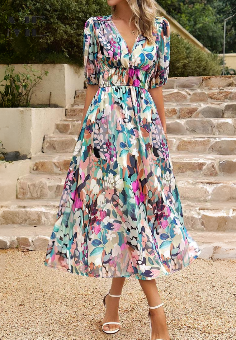 Robe Midi Bohème Femme – Imprimé Abstrait & Col V Élégant