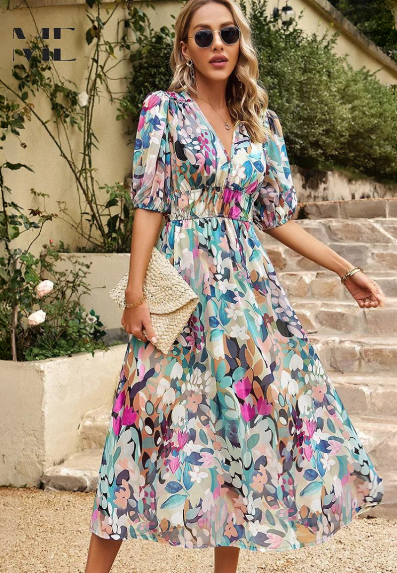 Robe Midi Bohème Femme – Imprimé Abstrait & Col V Élégant