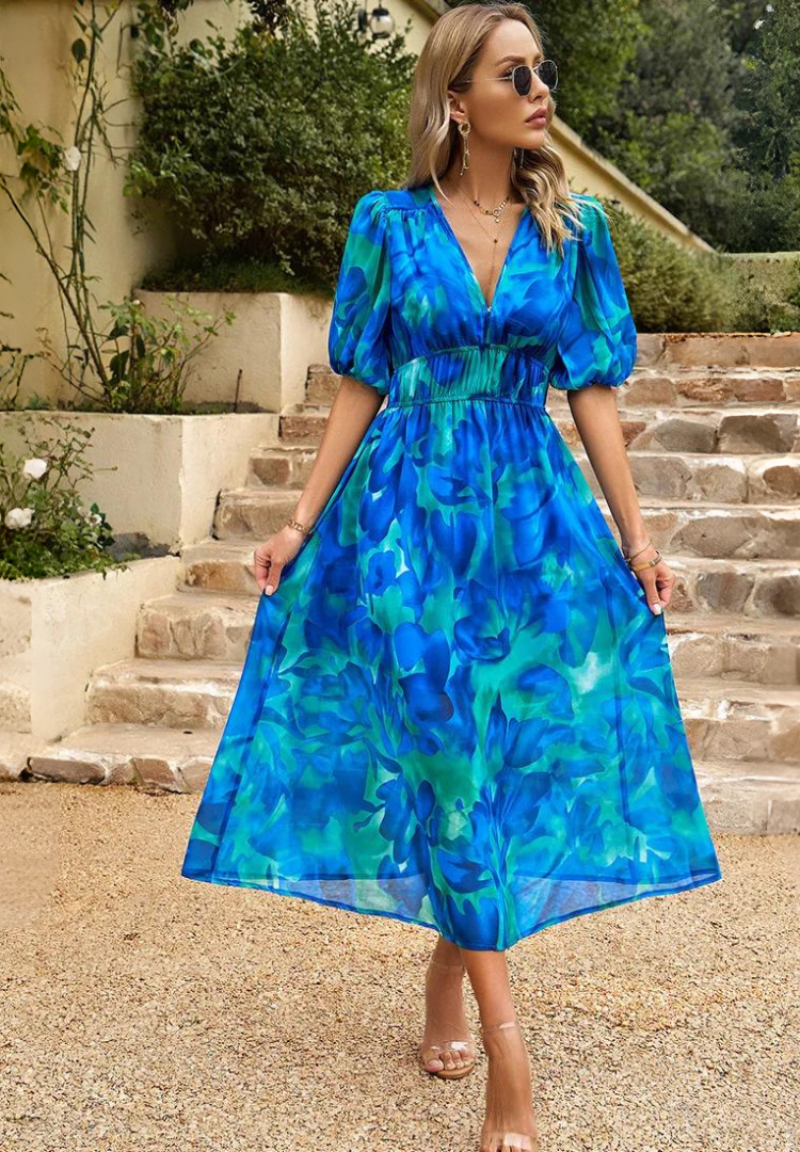 Robe Midi Bohème Femme – Imprimé Abstrait & Col V Élégant