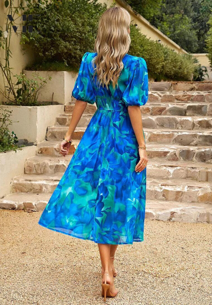Robe Midi Bohème Femme – Imprimé Abstrait & Col V Élégant