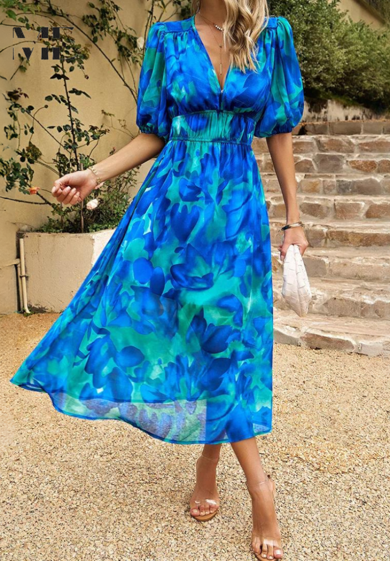 Robe Midi Bohème Femme – Imprimé Abstrait & Col V Élégant