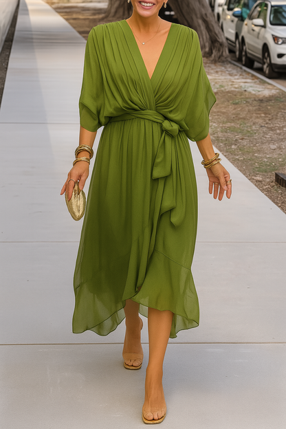 Robe Midi Femme Élégante Portefeuille - Col V & Ourlet Asymétrique Fluide