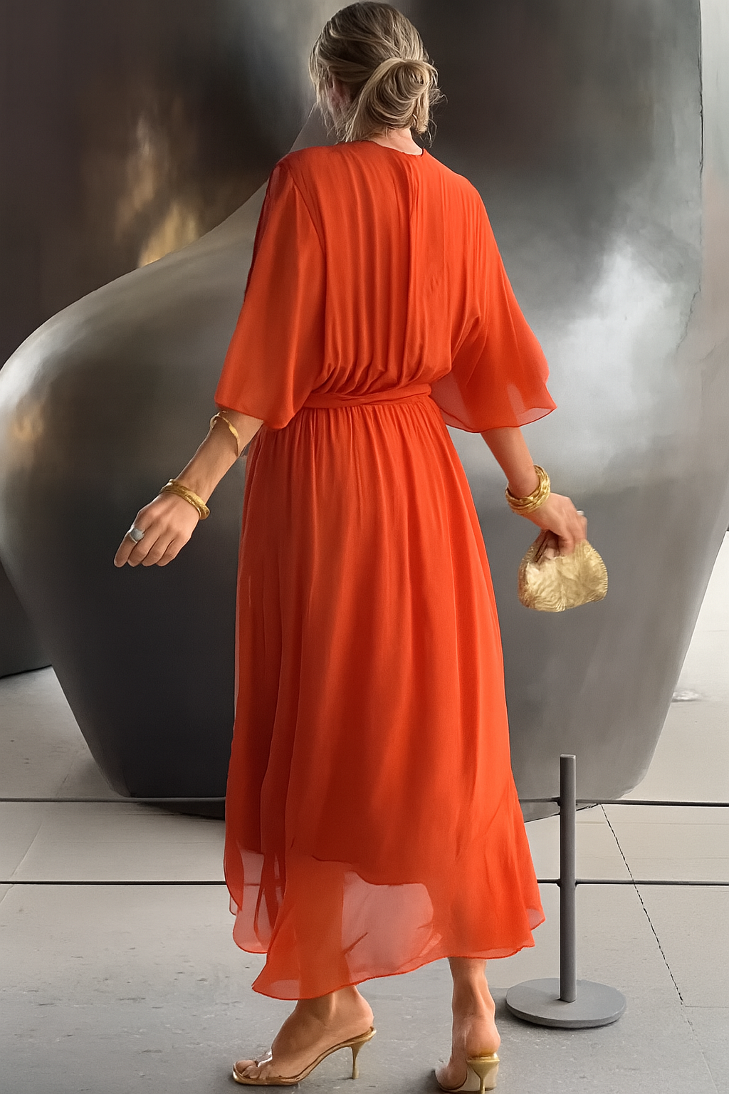 Robe Midi Femme Élégante Portefeuille - Col V & Ourlet Asymétrique Fluide