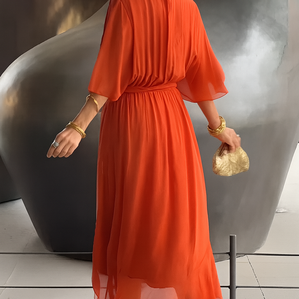 Robe Midi Femme Élégante Portefeuille - Col V & Ourlet Asymétrique Fluide