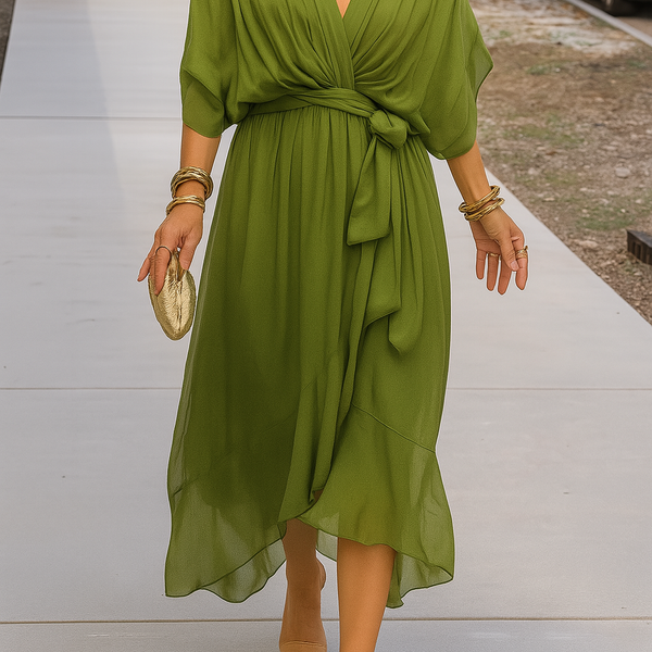 Robe Midi Femme Élégante Portefeuille - Col V & Ourlet Asymétrique Fluide