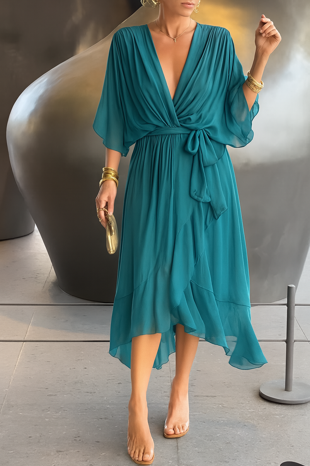 Robe Midi Femme Élégante Portefeuille - Col V & Ourlet Asymétrique Fluide