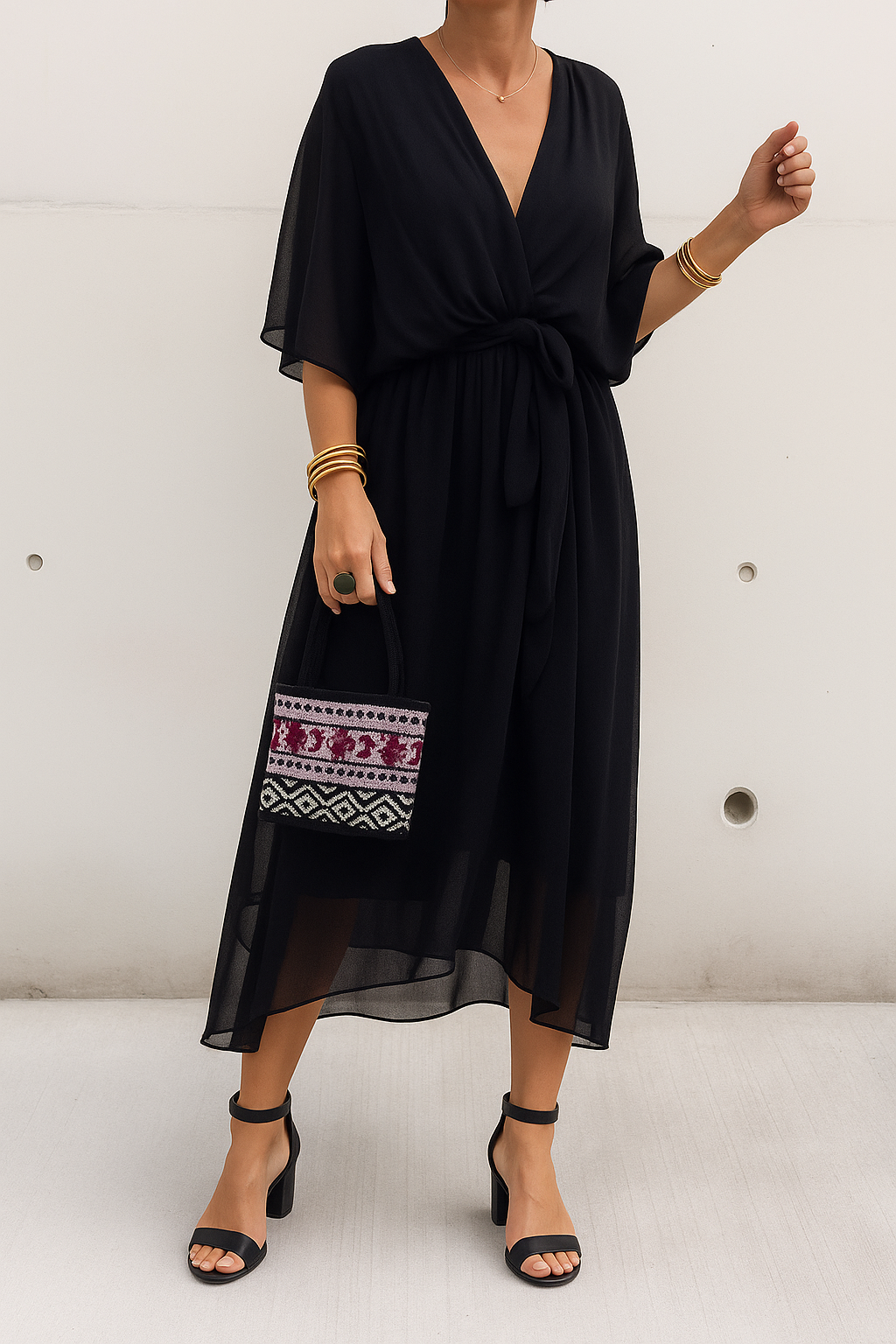 Robe Midi Femme Élégante Portefeuille - Col V & Ourlet Asymétrique Fluide