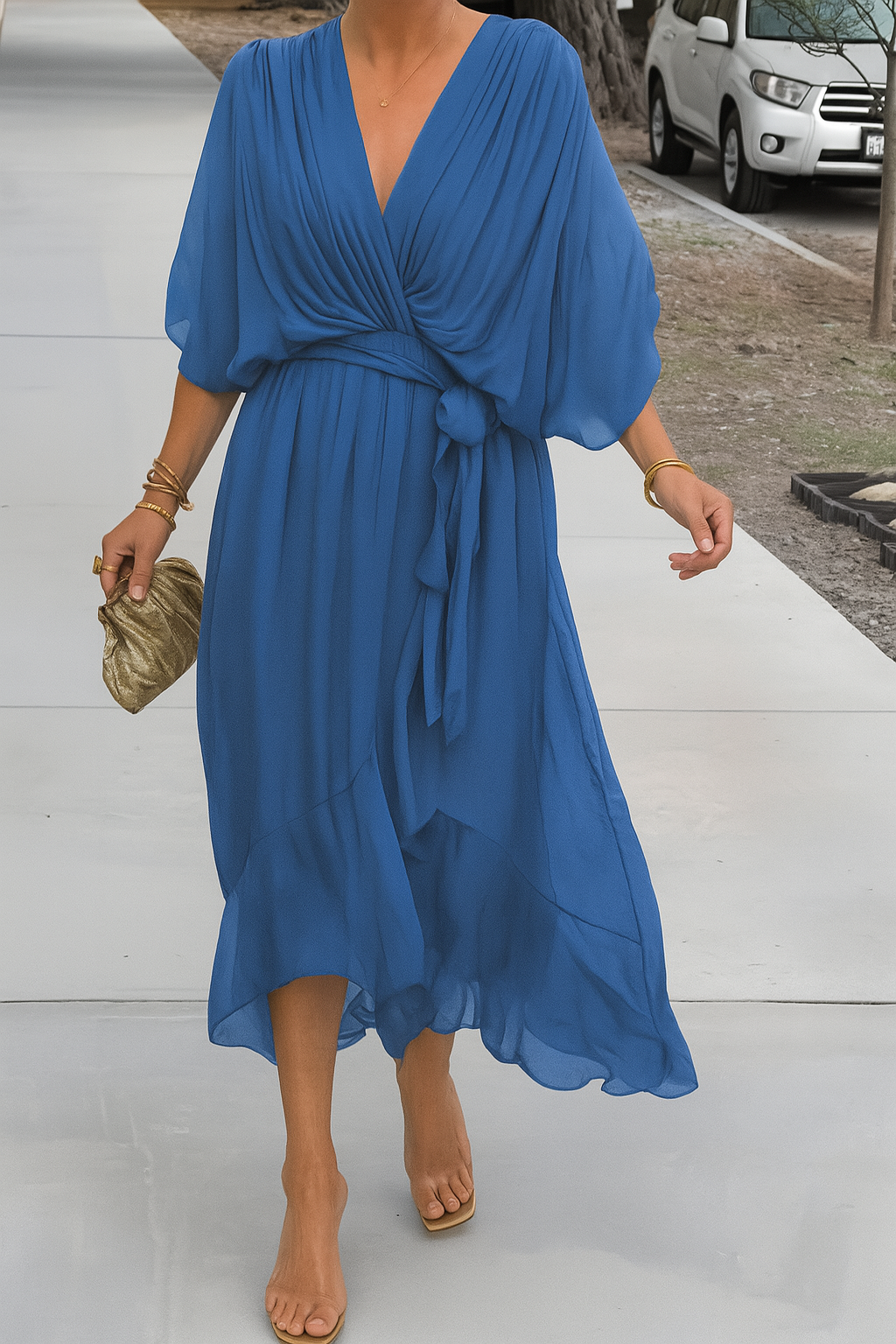 Robe Midi Femme Élégante Portefeuille - Col V & Ourlet Asymétrique Fluide