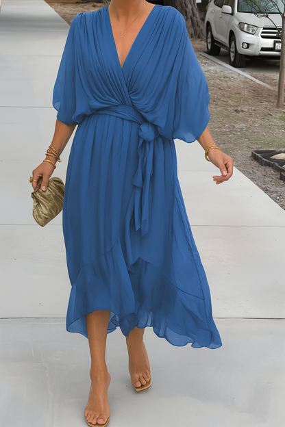 Robe Midi Femme Élégante Portefeuille - Col V & Ourlet Asymétrique Fluide