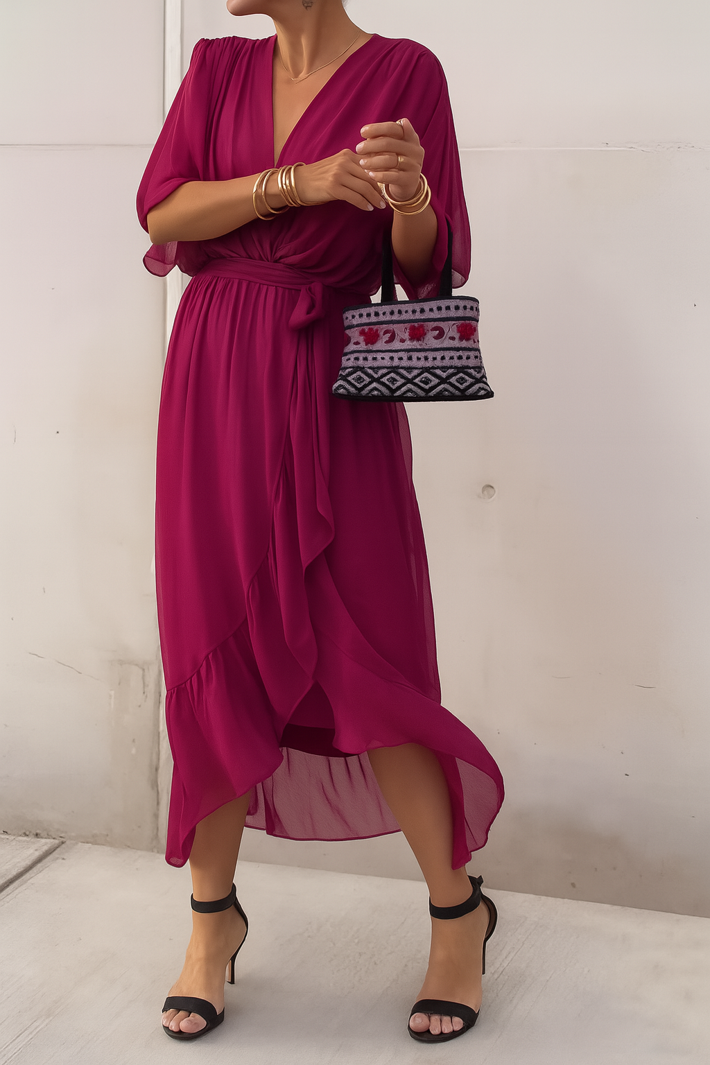 Robe Midi Femme Élégante Portefeuille - Col V & Ourlet Asymétrique Fluide