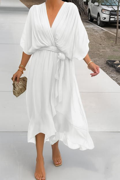 Robe Midi Femme Élégante Portefeuille - Col V & Ourlet Asymétrique Fluide
