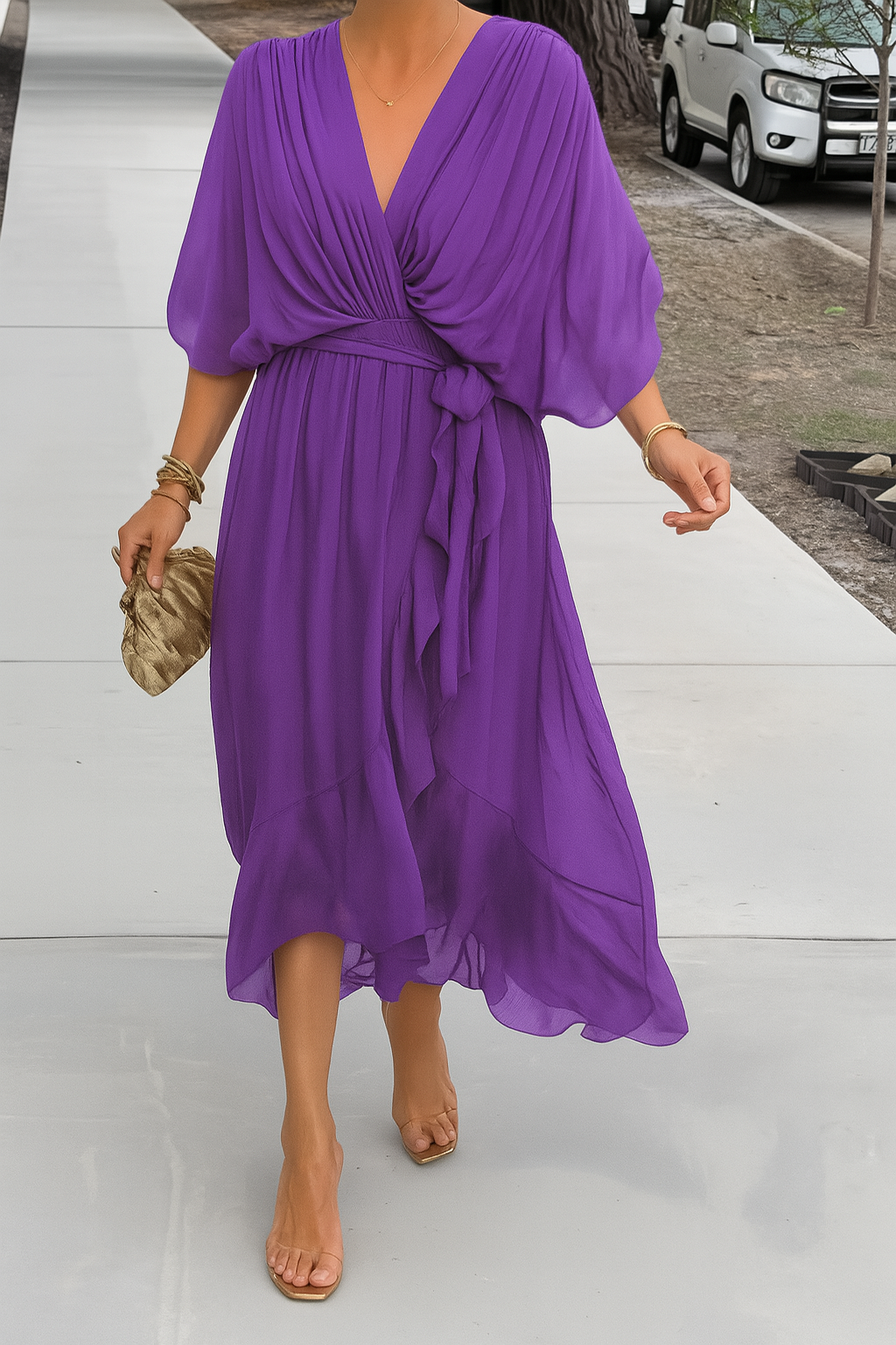 Robe Midi Femme Élégante Portefeuille - Col V & Ourlet Asymétrique Fluide