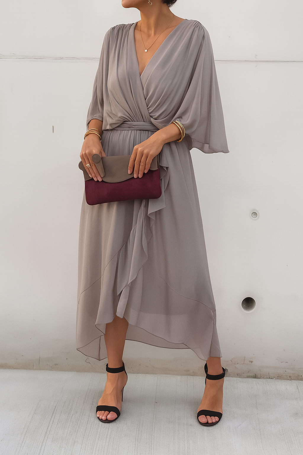 Robe Midi Femme Élégante Portefeuille - Col V & Ourlet Asymétrique Fluide