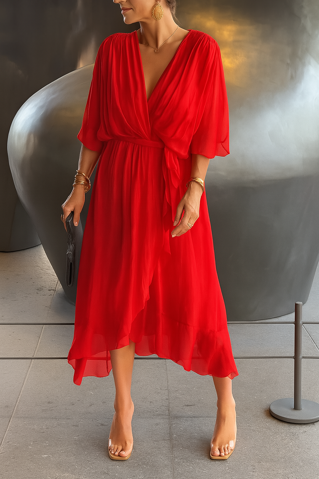 Robe Midi Femme Élégante Portefeuille - Col V & Ourlet Asymétrique Fluide