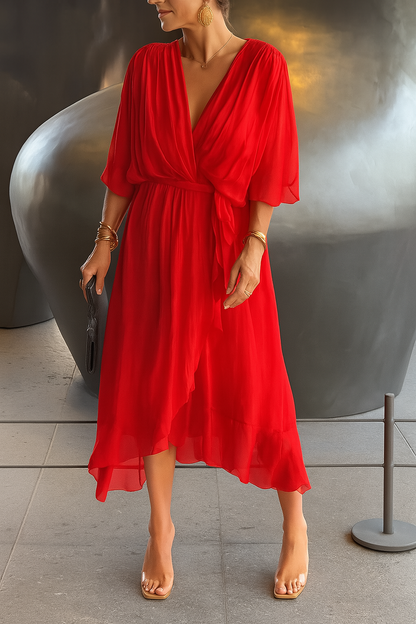 Robe Midi Femme Élégante Portefeuille - Col V & Ourlet Asymétrique Fluide