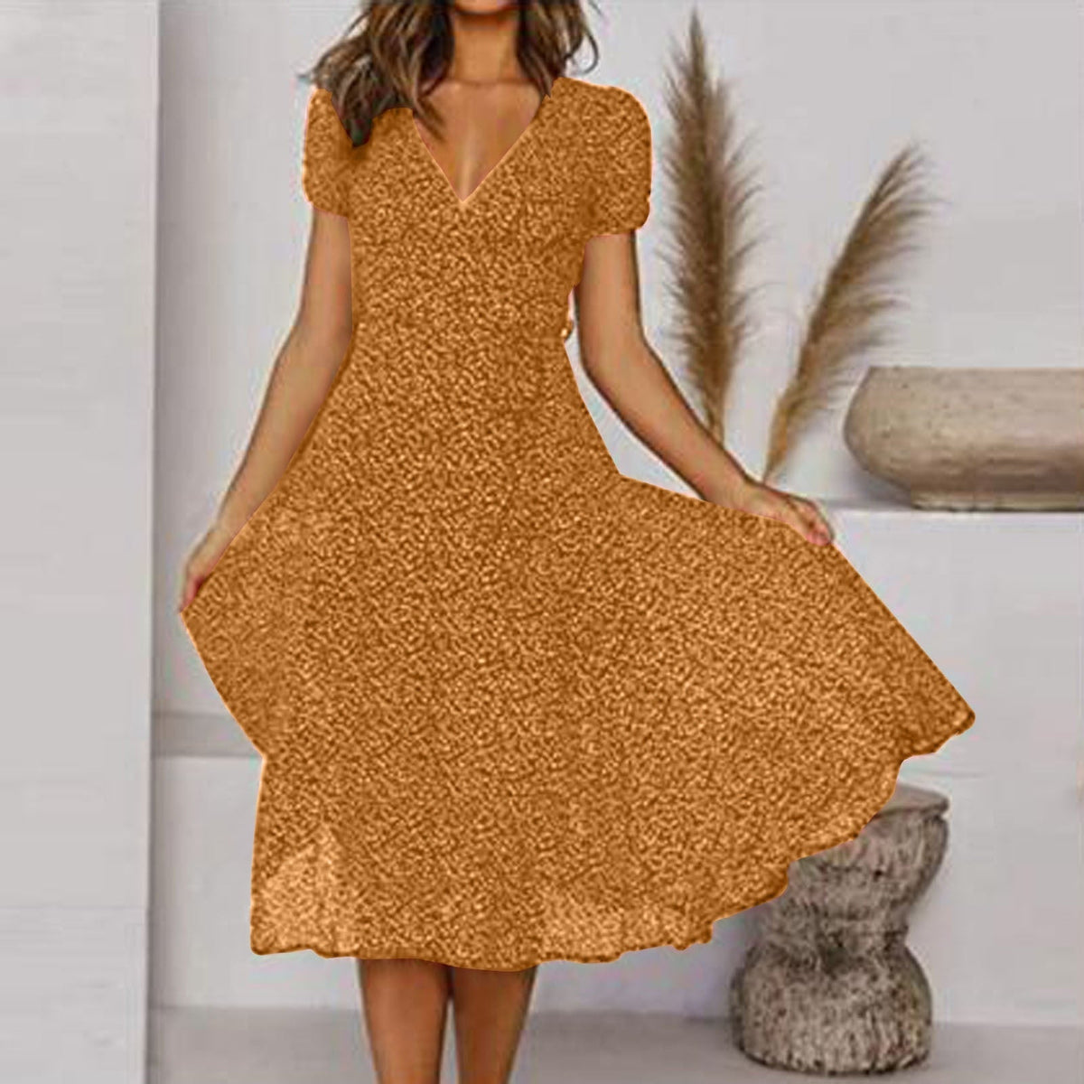 Robe Midi Évasée pour Femmes - Élégance Légère et Encolure en V