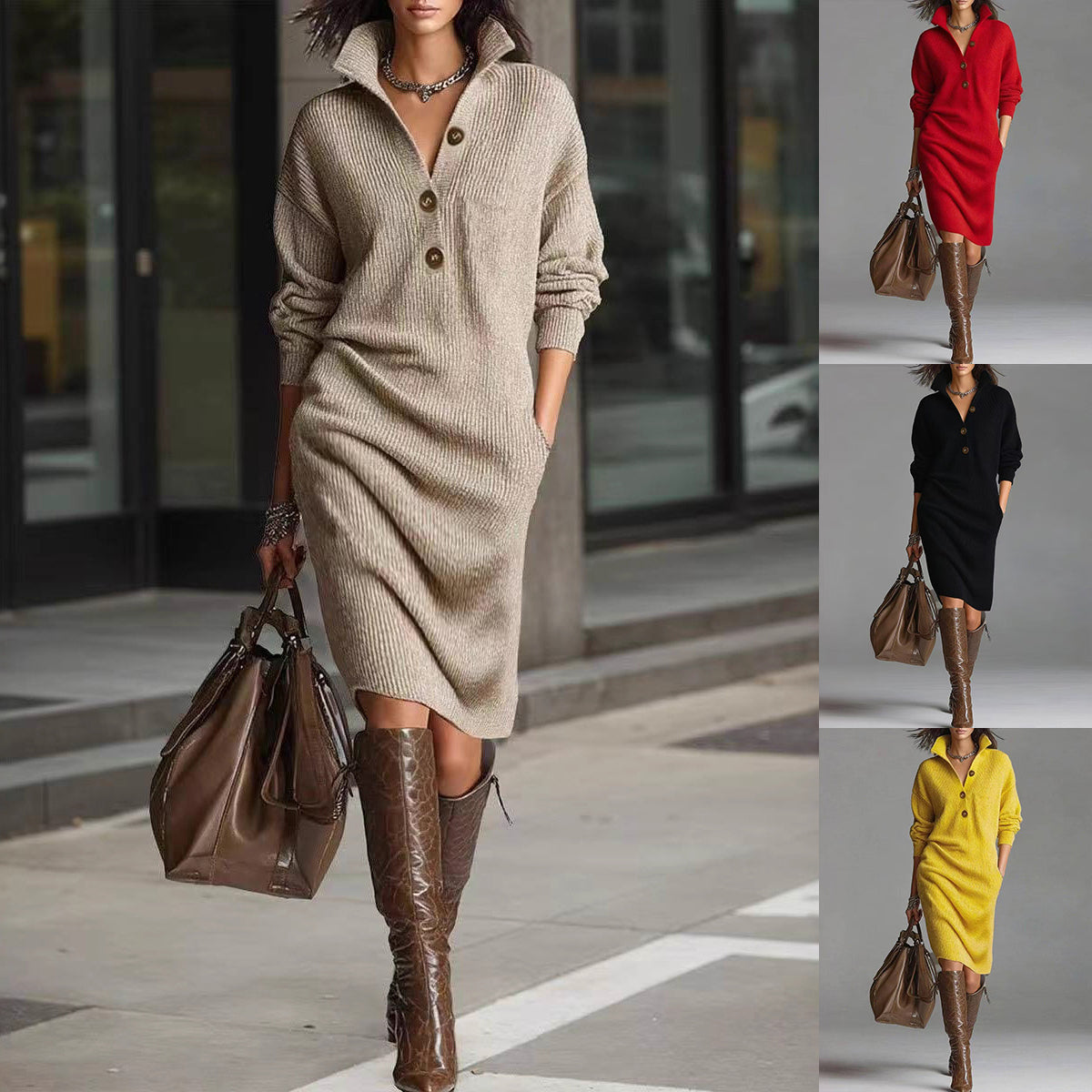 Robe Pull Femme Élégante - Col V Boutonné & Manches Longues