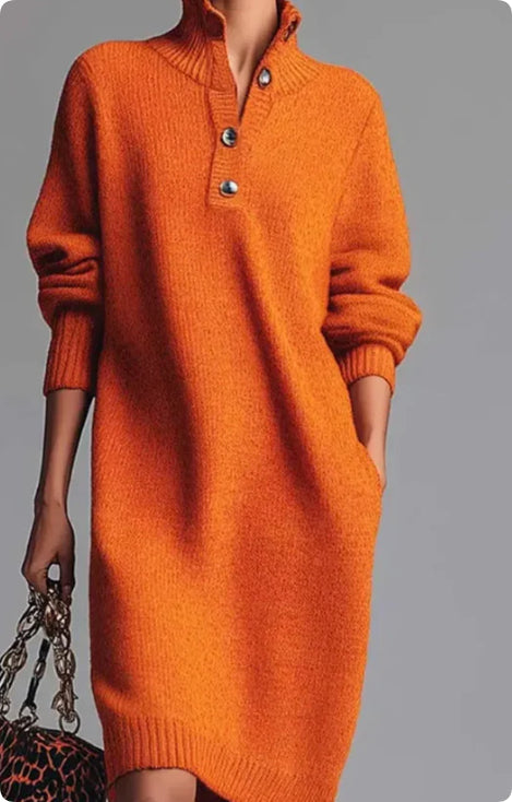 Robe Pull Femme Élégante - Col V Boutonné & Manches Longues