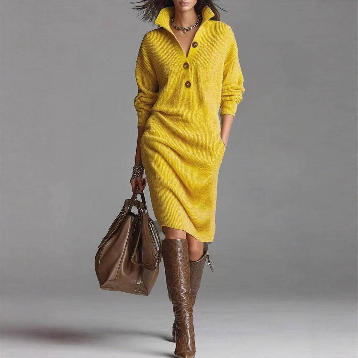 Robe Pull Femme Élégante - Col V Boutonné & Manches Longues