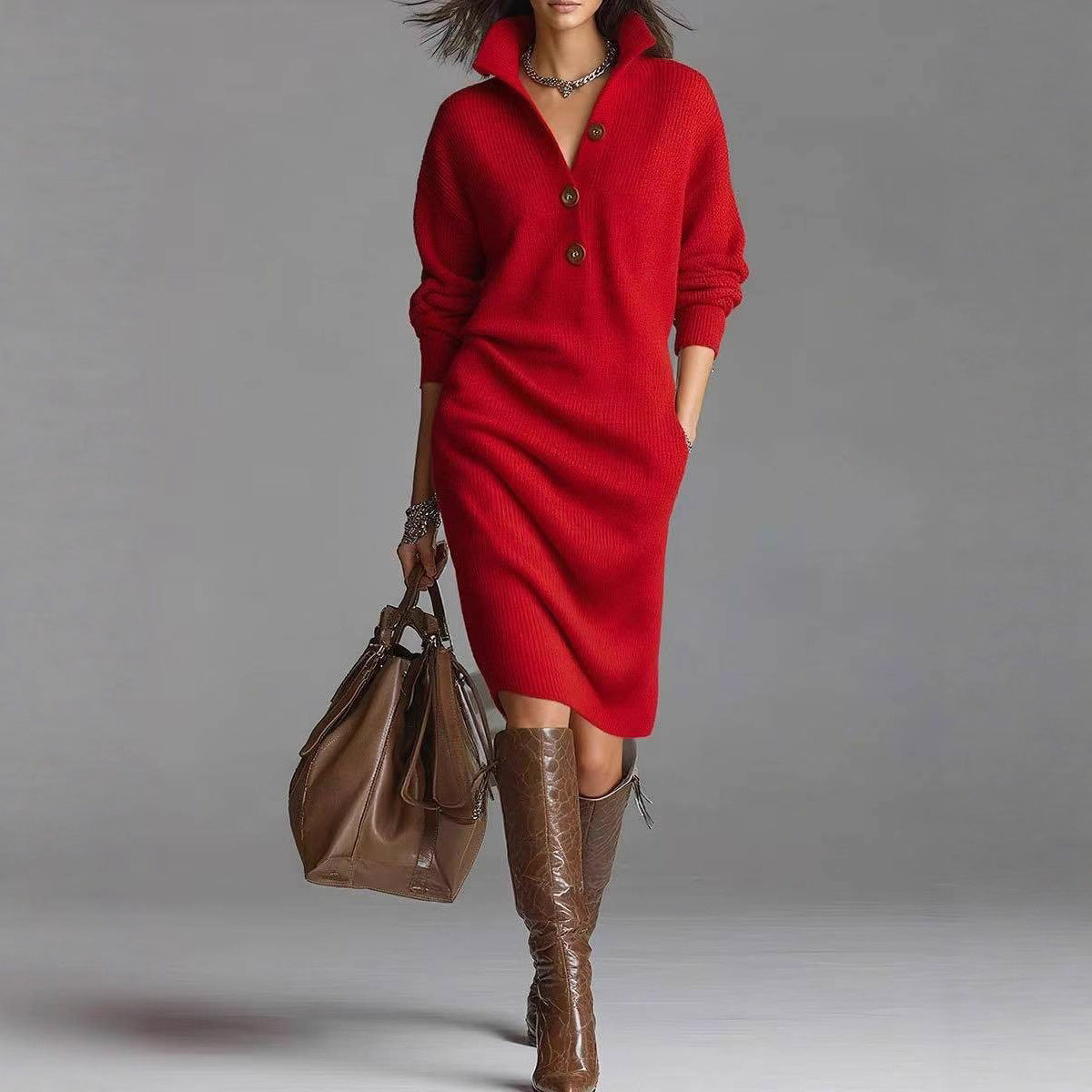 Robe Pull Femme Élégante - Col V Boutonné & Manches Longues