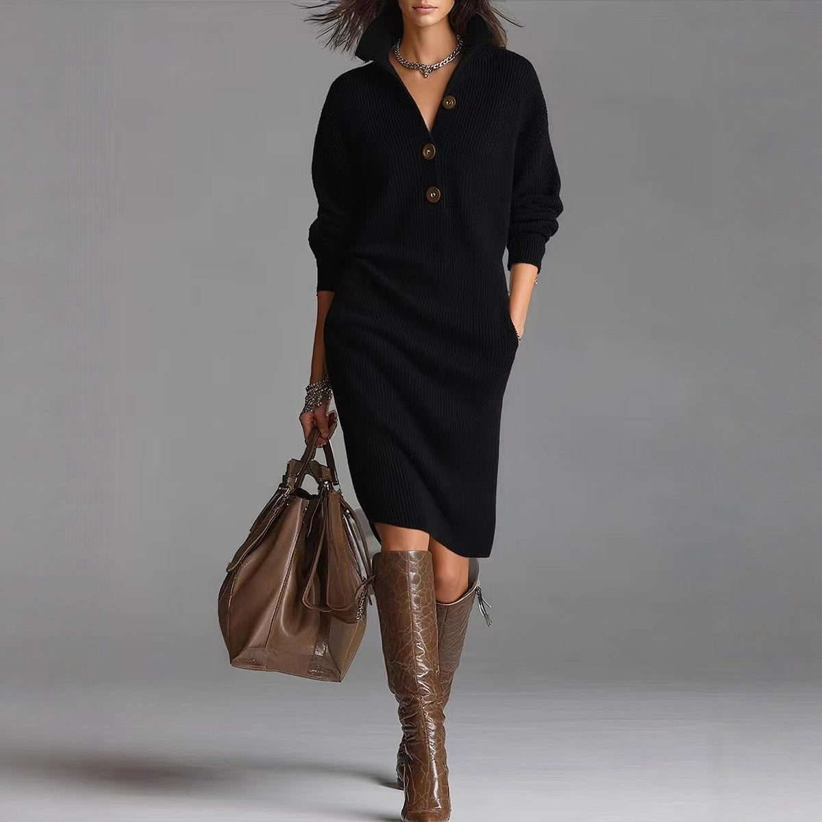 Robe Pull Femme Élégante - Col V Boutonné & Manches Longues