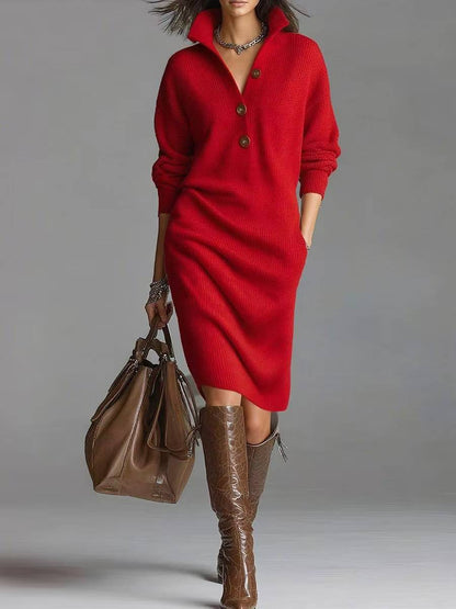 Robe Pull Femme Élégante - Col V Boutonné & Manches Longues