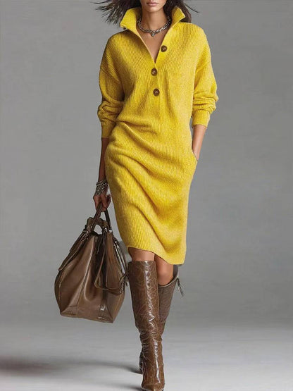 Robe Pull Femme Élégante - Col V Boutonné & Manches Longues