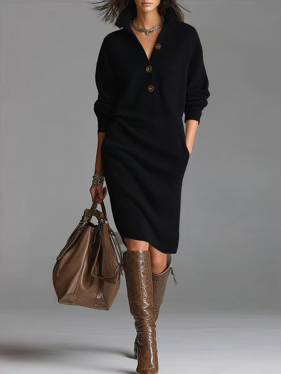 Robe Pull Femme Élégante - Col V Boutonné & Manches Longues