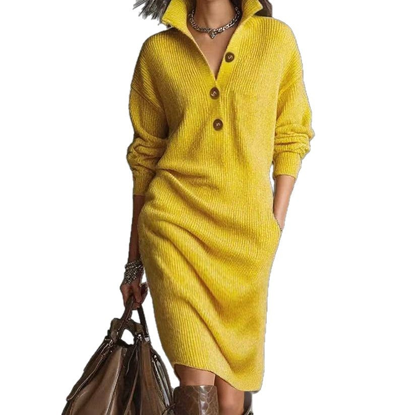Robe Pull Femme Élégante - Col V Boutonné & Manches Longues