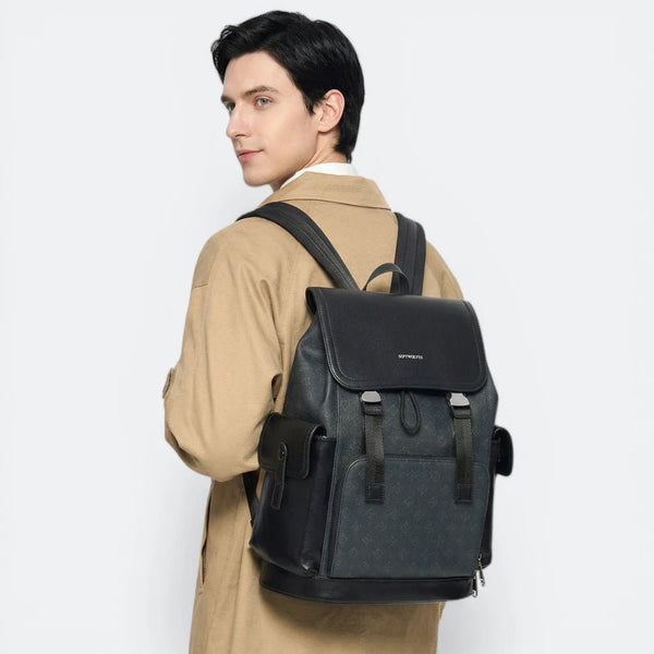 Sac à Dos Cuir à Rabat Motif Géométrique Gris - | AïtaVia