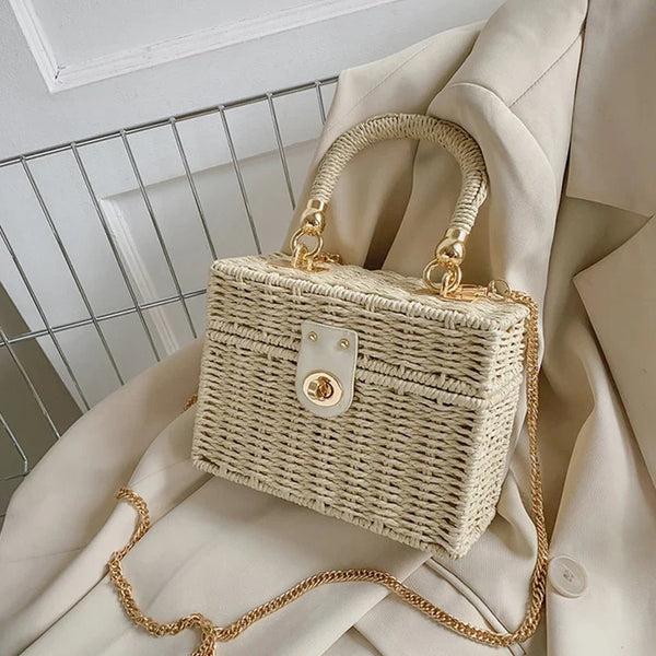 Sac à Main Carré en Paille Élégant pour Femme