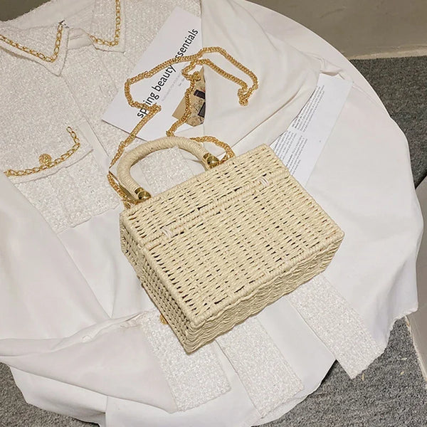 Sac à Main Carré en Paille Élégant pour Femme