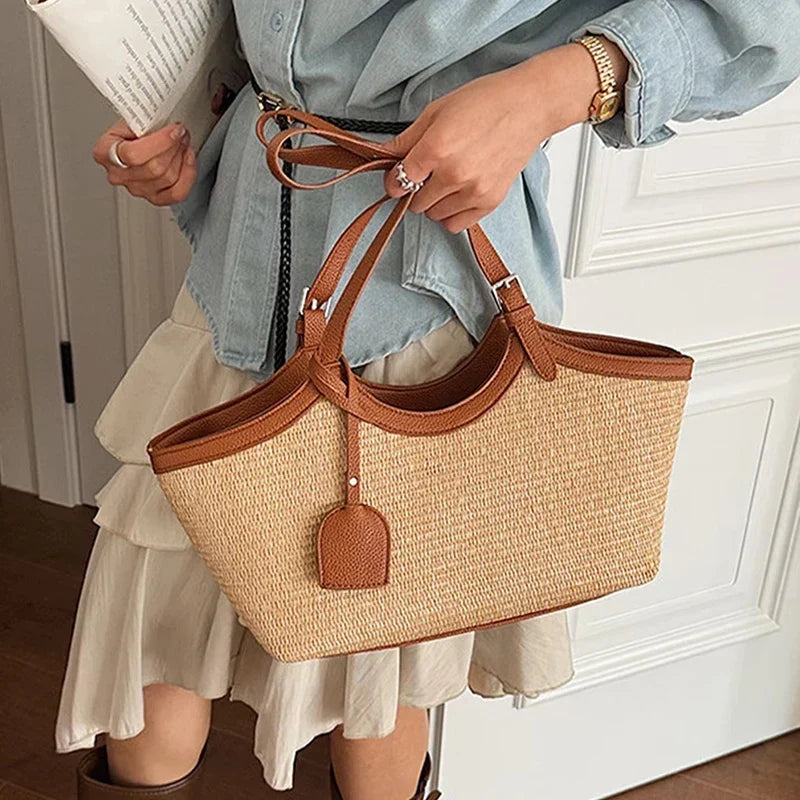 Sac à Main Femme en Paille et Similicuir Élégant