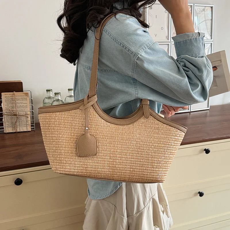 Sac à Main Femme en Paille et Similicuir Élégant