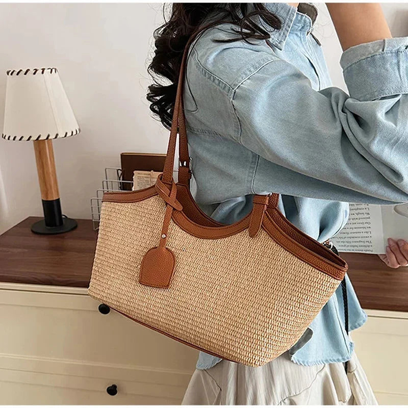 Sac à Main Femme en Paille et Similicuir Élégant