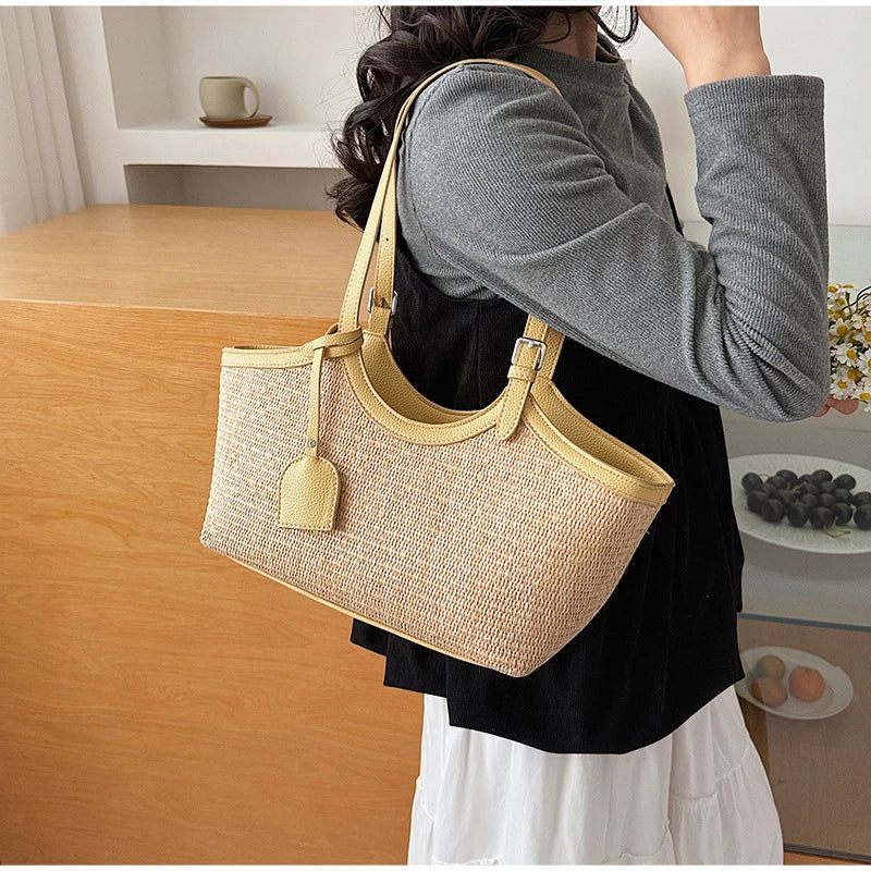 Sac à Main Femme en Paille et Similicuir Élégant