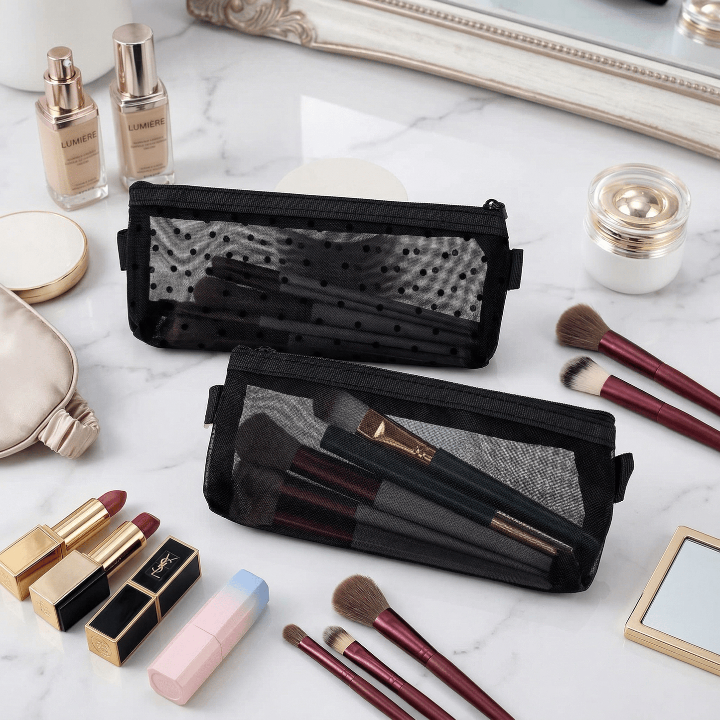 Trousse de Pinceaux Maquillage Cœurs Tulle Beige - | AïtaVia