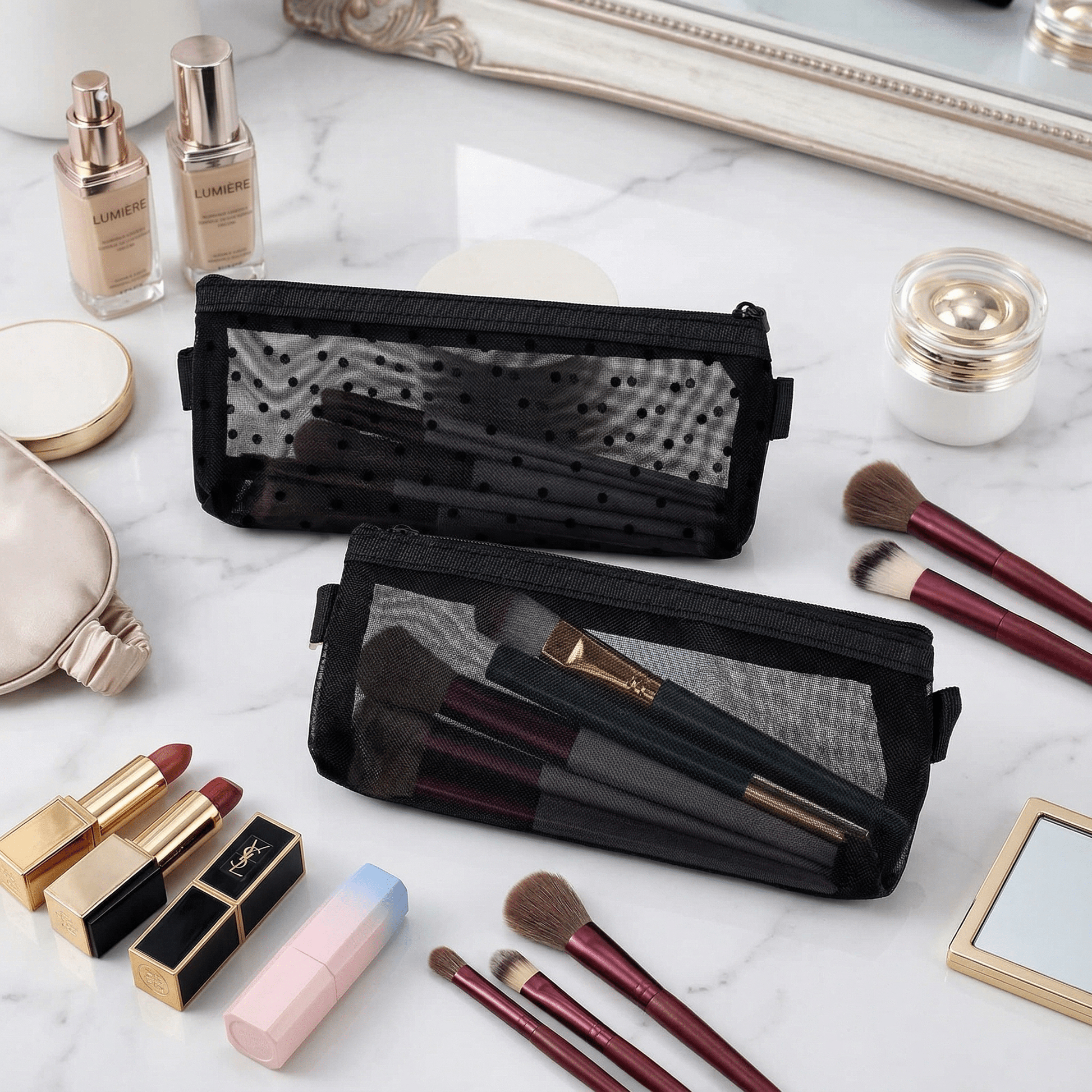 Trousse de Pinceaux Maquillage Cœurs Tulle Beige - | AïtaVia